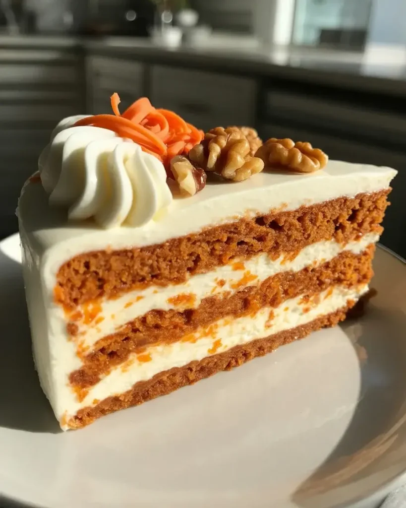 Finished carrot cheesecake slice showing gorgeous layers topped with walnuts and carrot curls