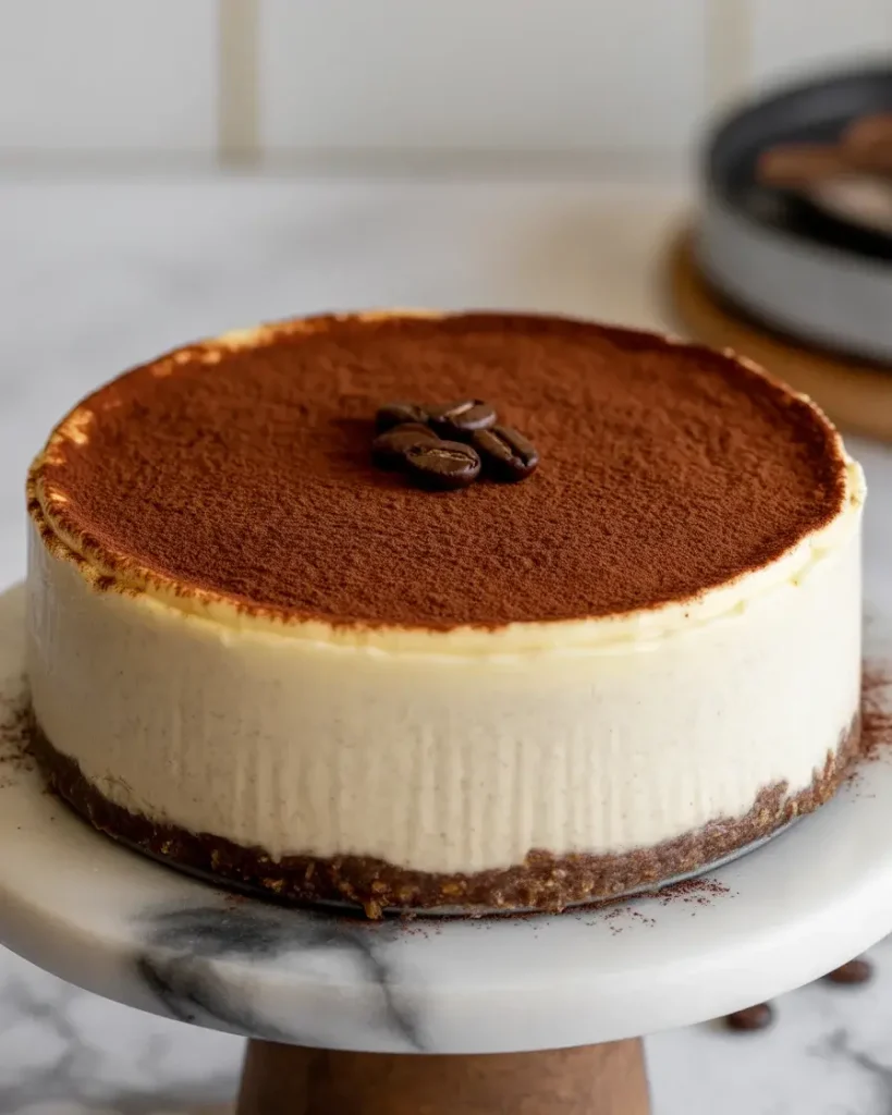 Finished espresso panna cotta cheesecake with cocoa dusting and coffee bean garnish