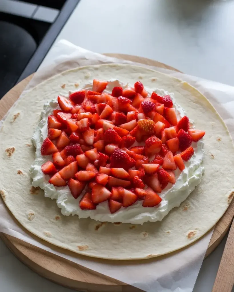 Flour tortilla filled with cream cheese and fresh strawberries, ready to roll