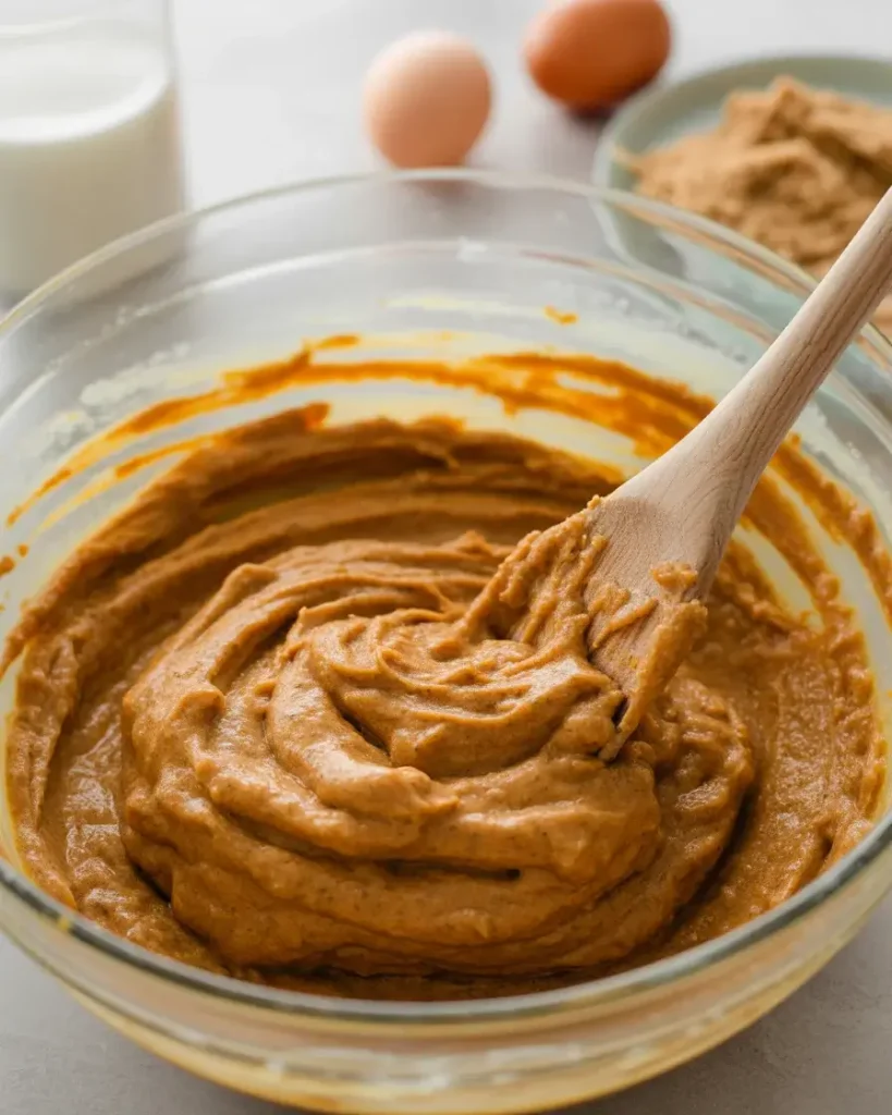 Folding grated carrots into the spiced batter until just combined