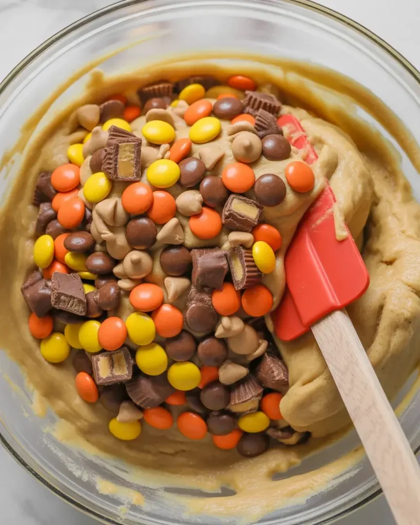 Folding in three kinds of Reese's candy by hand to keep the chunks intact