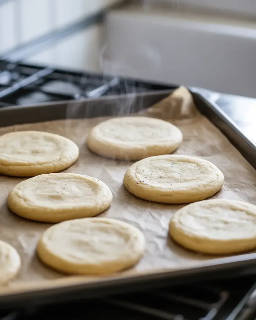 Freshly baked Amish vanilla bean sugar cookies with soft centers and set edges