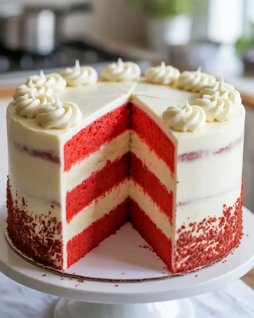 Fully frosted red and white cake with crumb border and rosettes, stunning layers revealed