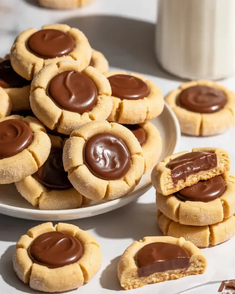Golden peanut butter thumbprint cookies filled with silky chocolate ganache - soft, chewy, and irresistible