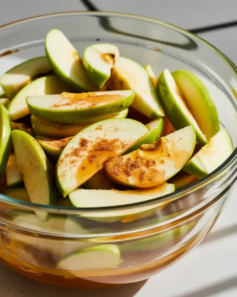 Granny Smith apple slices tossed with brown sugar and warm spices, juices releasing