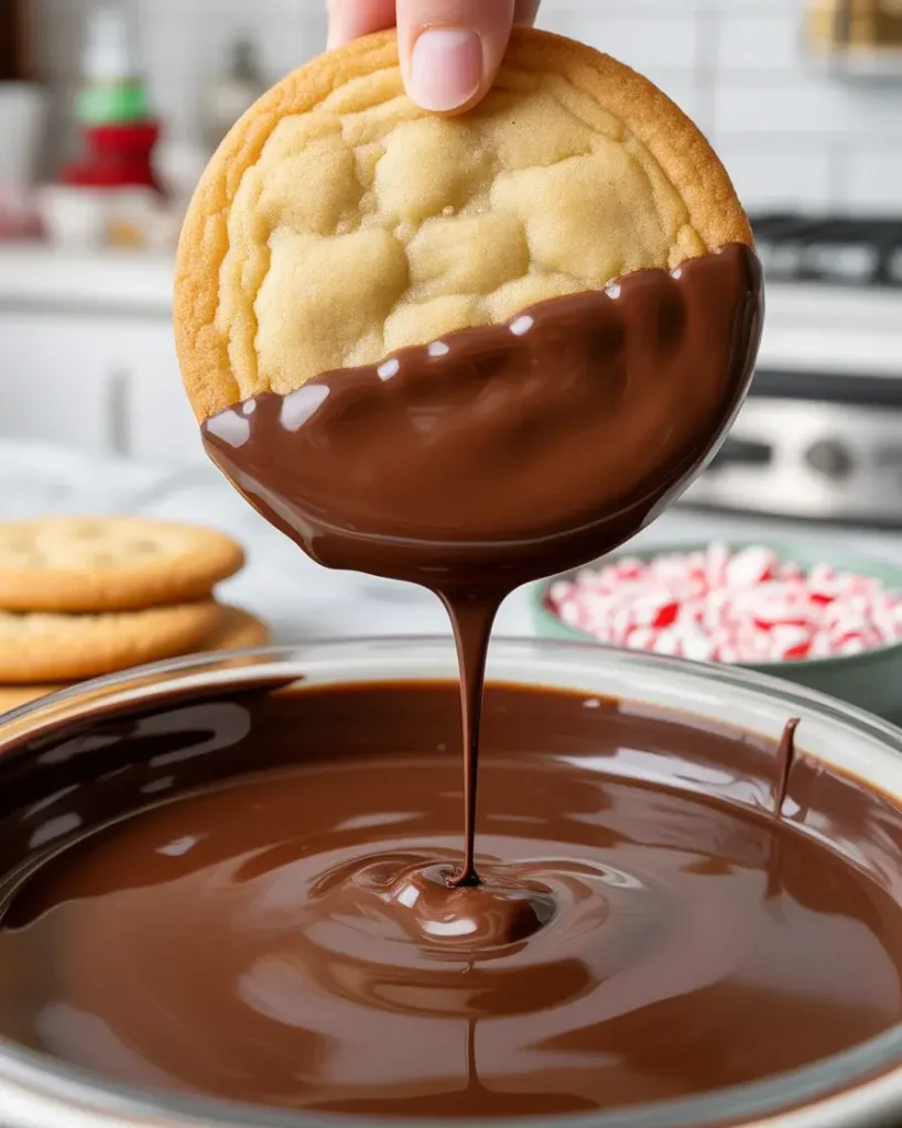 Half-dipping cooled cookies in glossy dark chocolate before topping with crushed candy cane