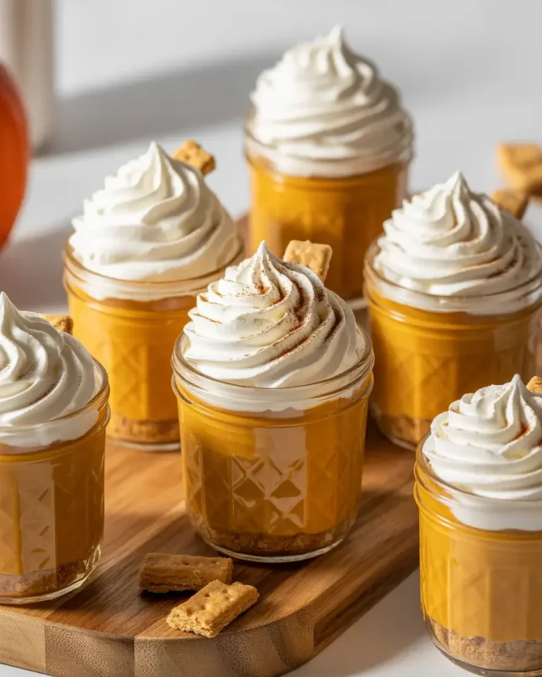 Individual pumpkin pie cups layered with graham cracker crust, spiced pumpkin mousse, and whipped cream