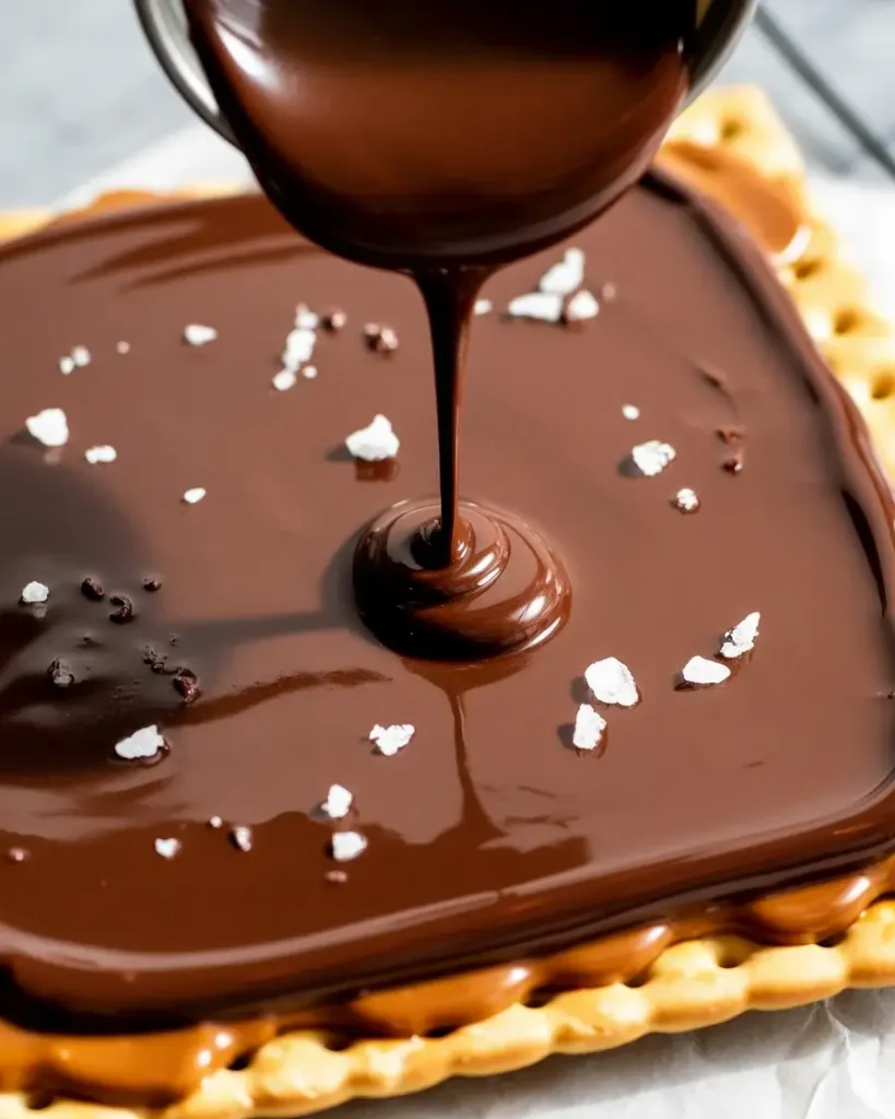 Melted chocolate spread over caramel crackers and finished with flaky sea salt crystals