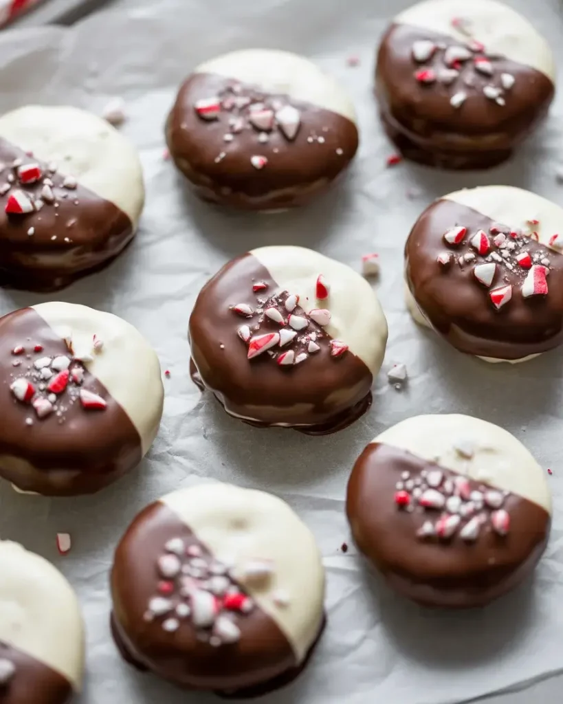 Peppermint chocolate dipped cookies fully set with glossy chocolate and candy cane topping