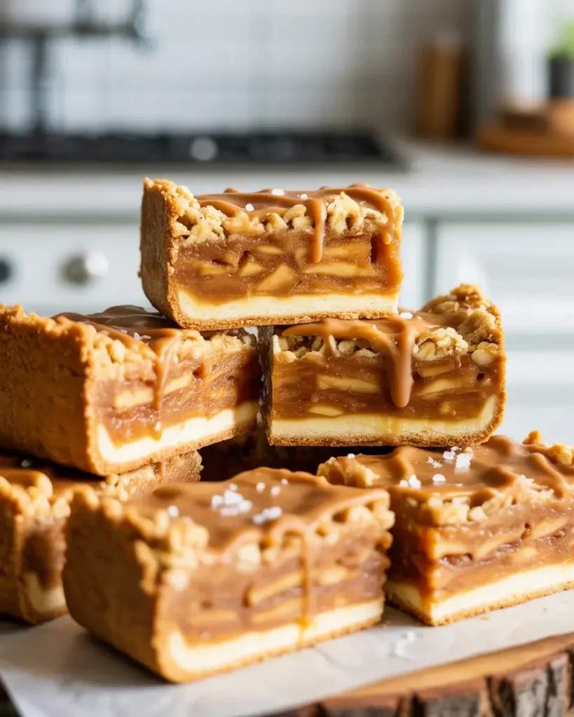 Perfectly sliced bars showing golden crust, apple filling, and crumble layers