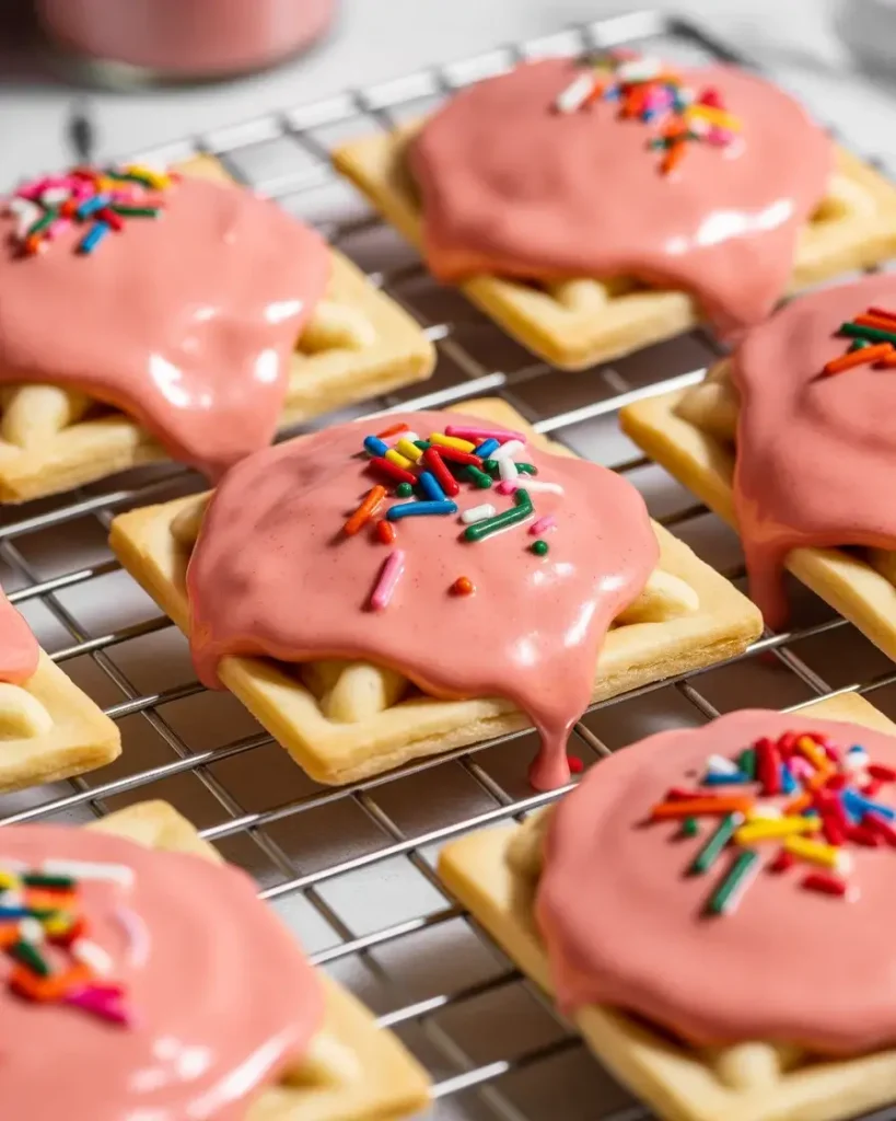 Pink-glazed Pop Tart cookies topped with rainbow sprinkles, set and ready to serve