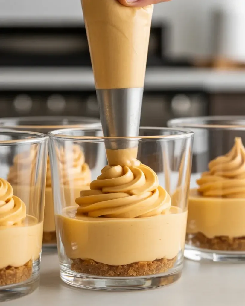 Piping spiced pumpkin mousse over graham cracker crust in clear serving cups