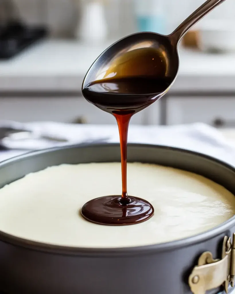 Pouring espresso panna cotta gently over the spoon to protect the cheesecake layer below