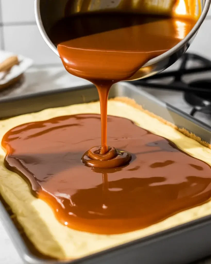 Pouring warm butterscotch sauce over cooled cheesecake layer before chilling overnight