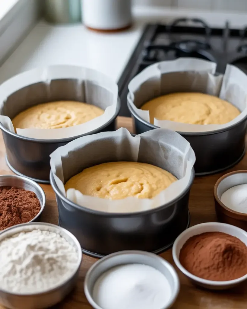 Prepped pans and measured ingredients ready before mixing the red and white cake batters