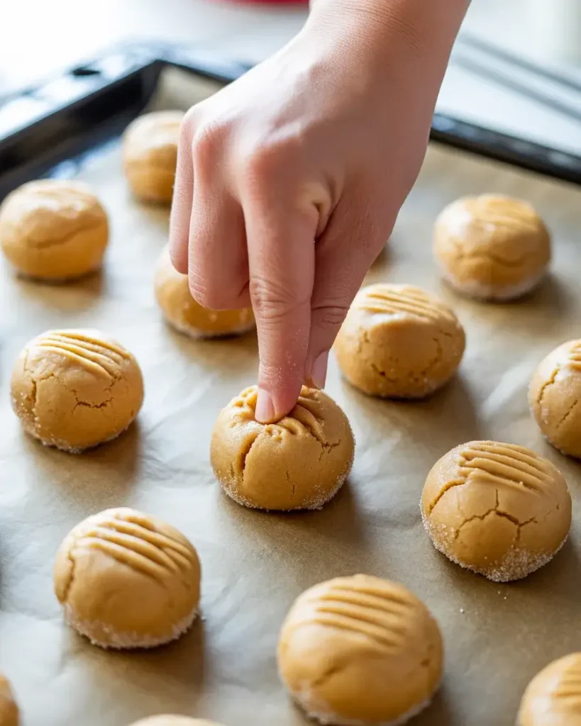 Press deep thumbprints firmly into each ball - halfway down is the perfect depth