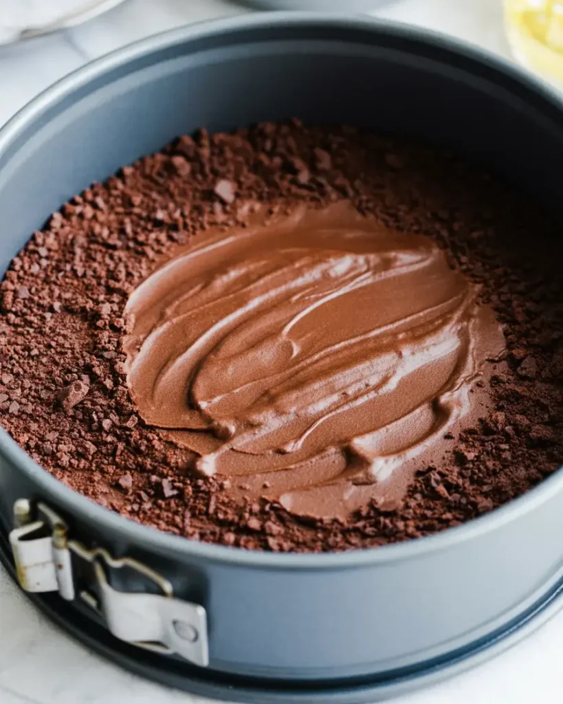 Pressing buttery chocolate wafer crumbs into a springform pan for the perfect cheesecake base