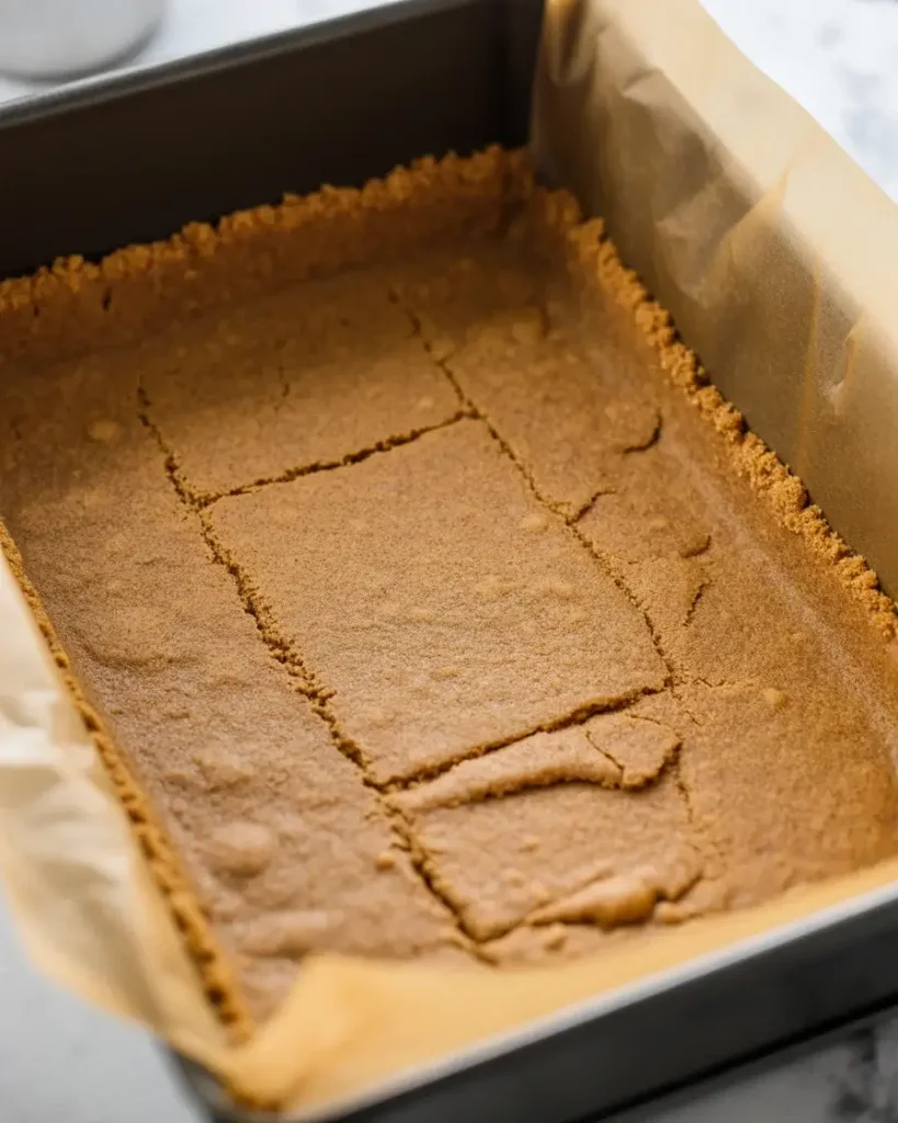  Pressing buttery graham cracker crust evenly into the pan before baking