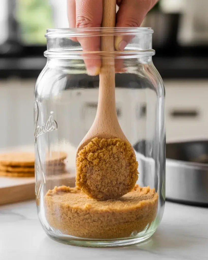 Pressing graham cracker crust firmly into individual glass cups or mason jars