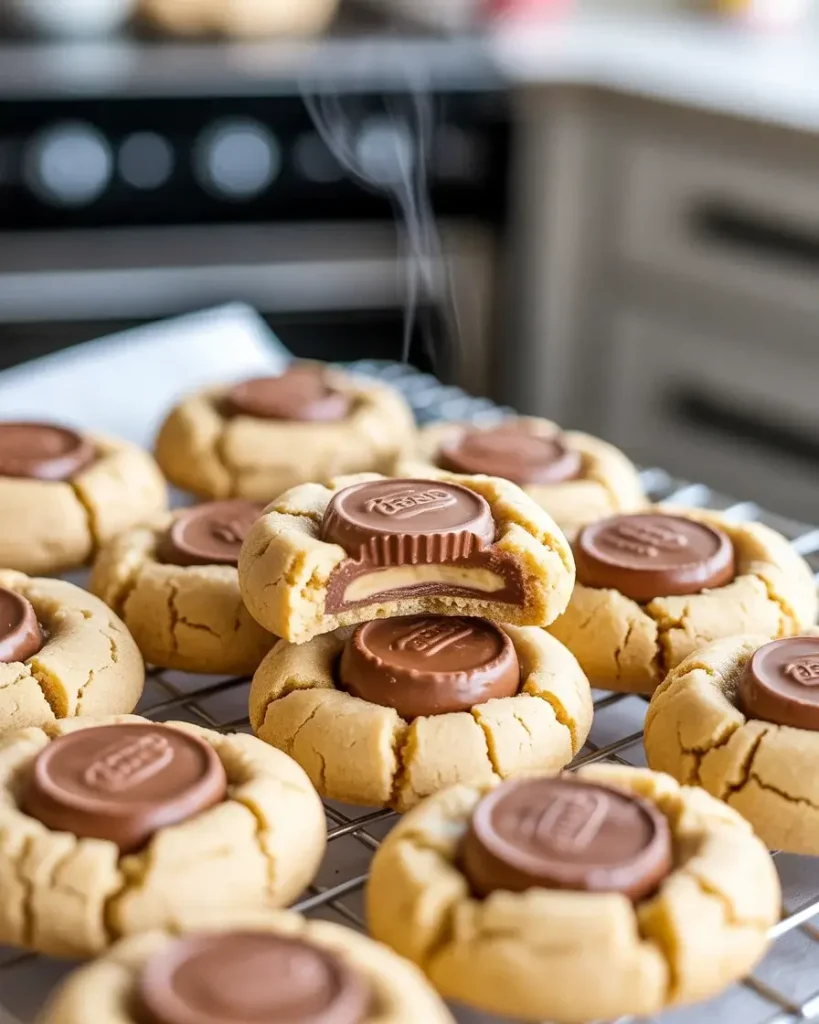 Reese's blossom cookies cooling on a wire rack until the chocolate sets firm