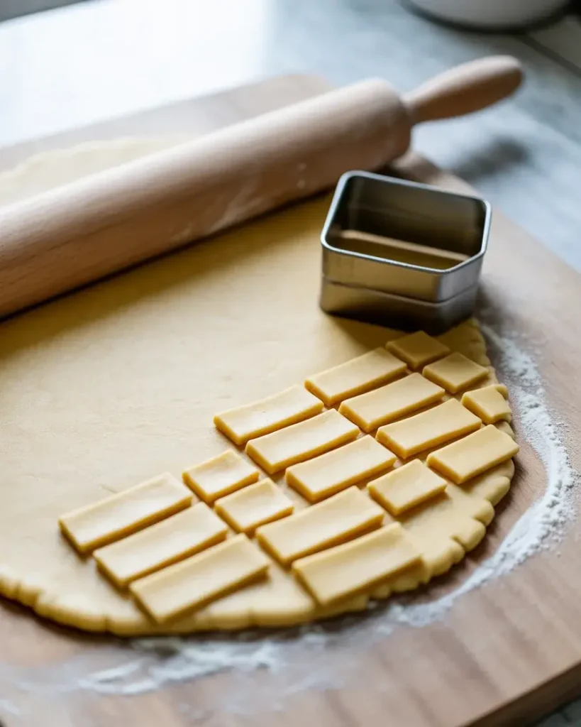 Rolling and cutting dough into even rectangles for perfect Pop Tart cookie shapes