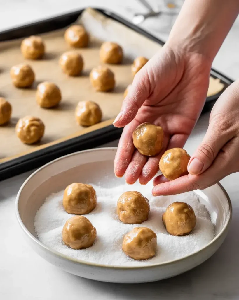 Rolling dough balls in sugar creates a crispy exterior with a gorgeous sparkle