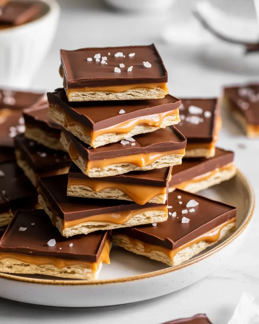 Salted caramel cracker bites stacked to show buttery layers of cracker, caramel, chocolate, and sea salt