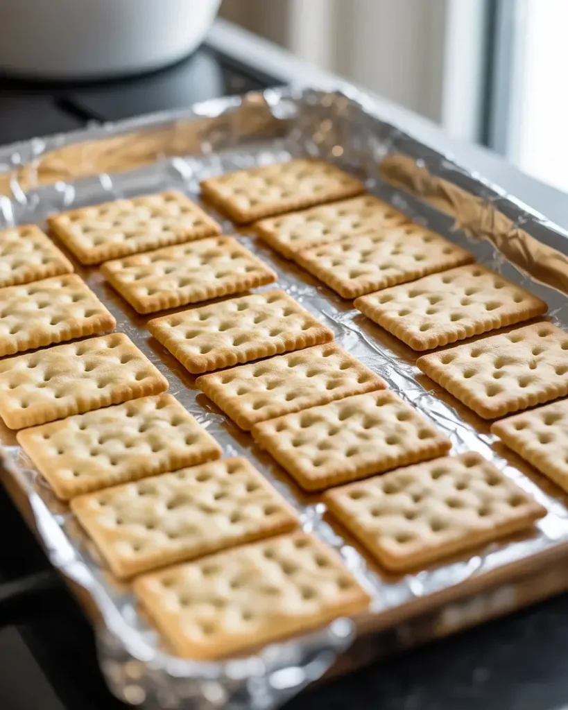 Saltine crackers arranged snugly on a foil-lined pan, ready for caramel coating