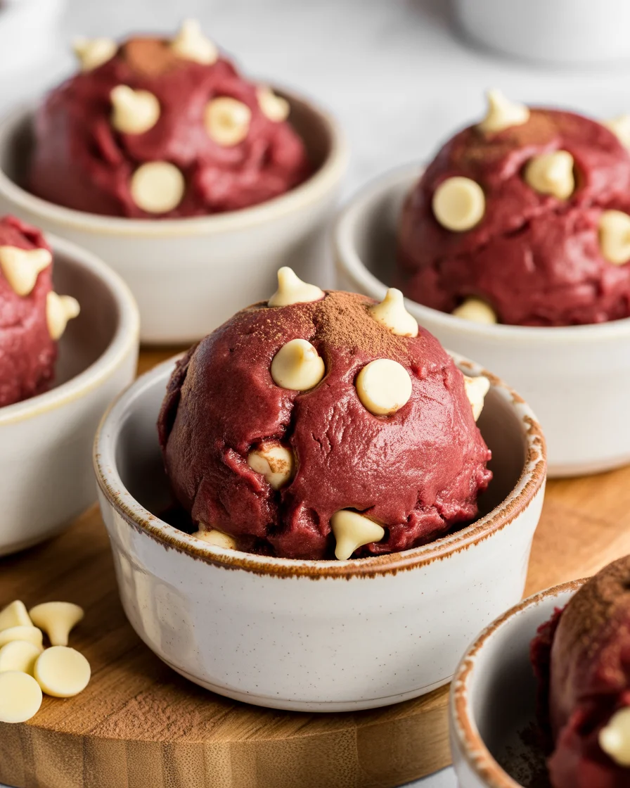 Scooped red velvet edible cookie dough served chilled with white chocolate chips on top