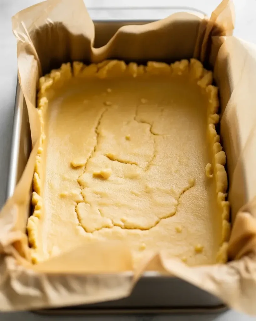 Shortbread crust pressed into pan and baked until pale golden at the edges