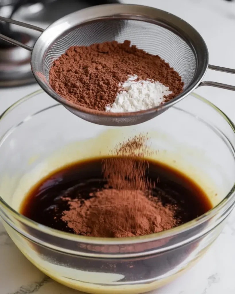 Sifting Dutch-process cocoa and flour together for a deep, smooth chocolate dough