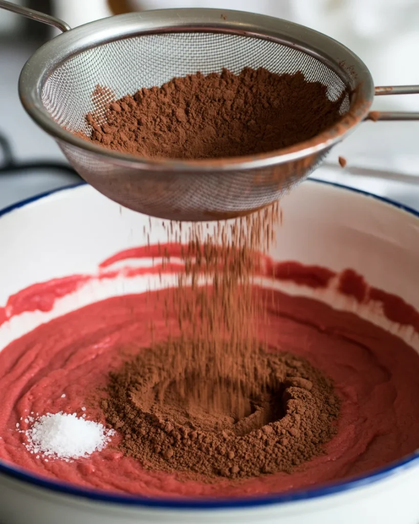 Sifting in one tablespoon of cocoa keeps the color red and the flavor perfectly balanced