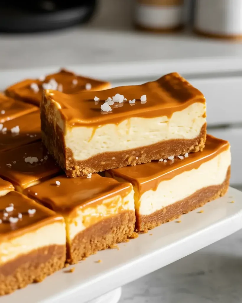 Sliced butterscotch cheesecake bars showing clean layers of crust, filling, and topping