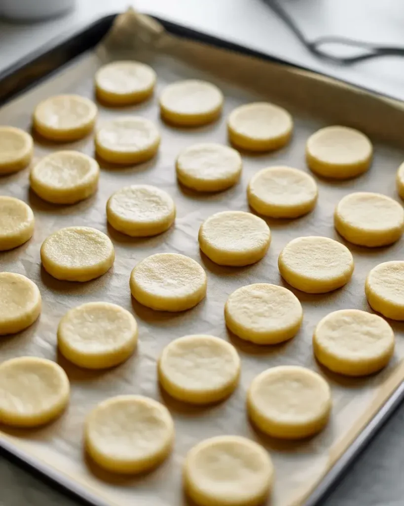 Sliced cookie rounds baking at 350°F until edges turn lightly golden