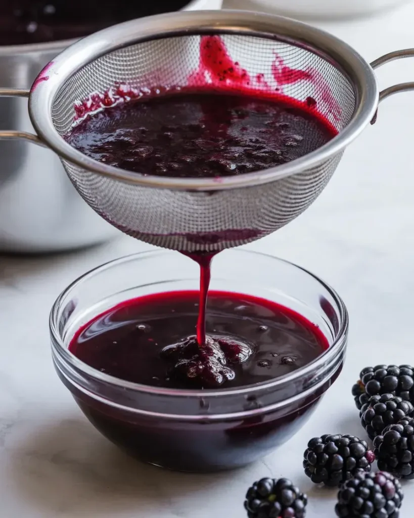 Smooth blackberry sauce strained and ready to swirl into cheesecake filling