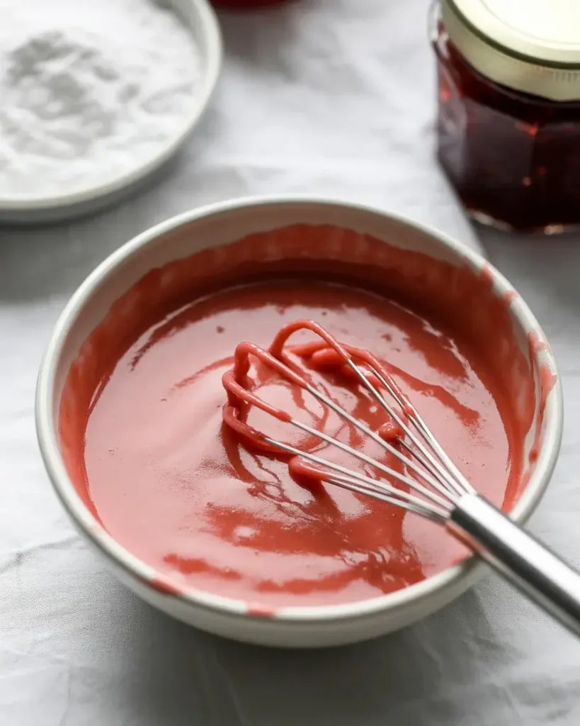 Smooth pink strawberry glaze whisked to perfect drizzling consistency