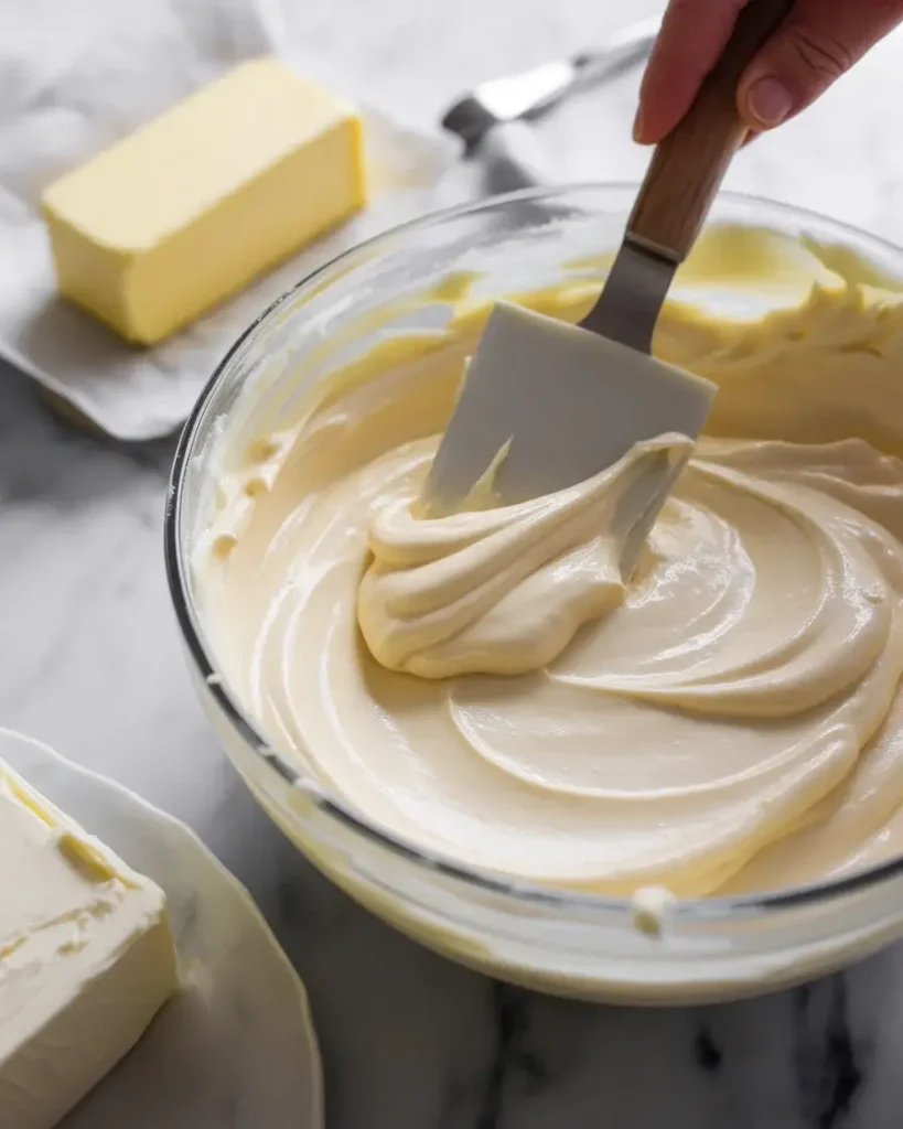 Smooth, stiff cream cheese frosting ready to layer and frost the cake