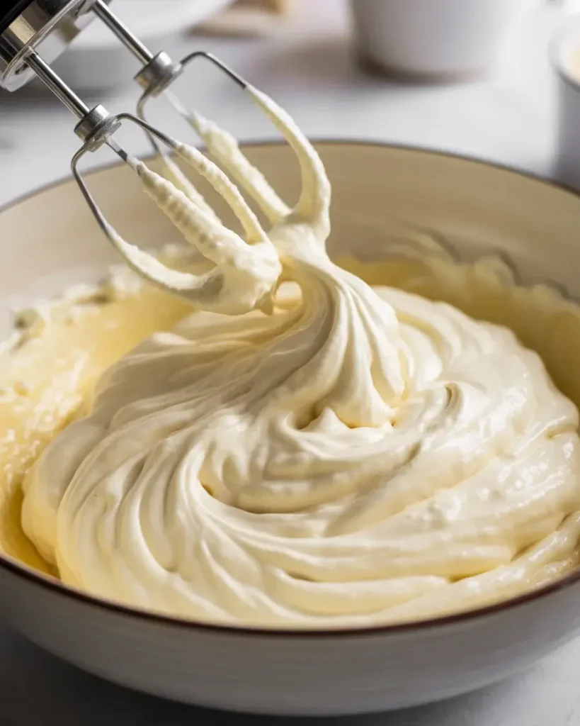 Softened cream cheese beaten with powdered sugar and vanilla until fluffy and smooth