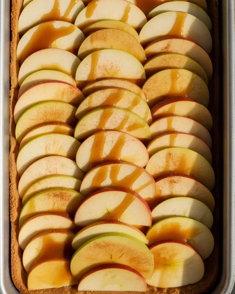 Spiced apple slices layered over shortbread crust with caramel drizzled generously