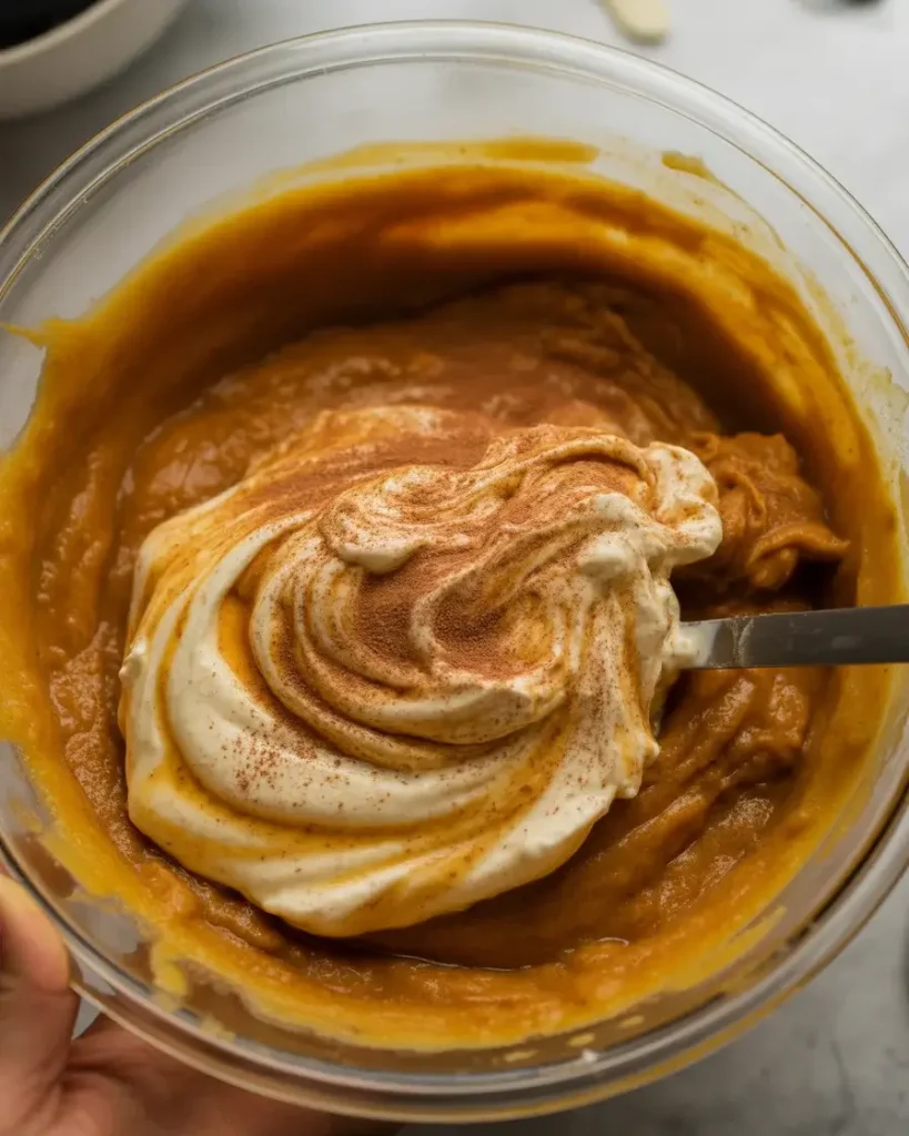Spiced pumpkin filling blending into a smooth, deep orange creamy mixture