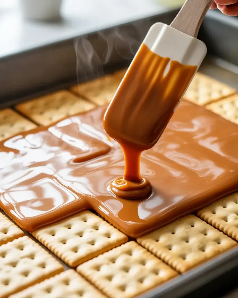 Spreading hot amber caramel evenly over crackers before baking for full coverage