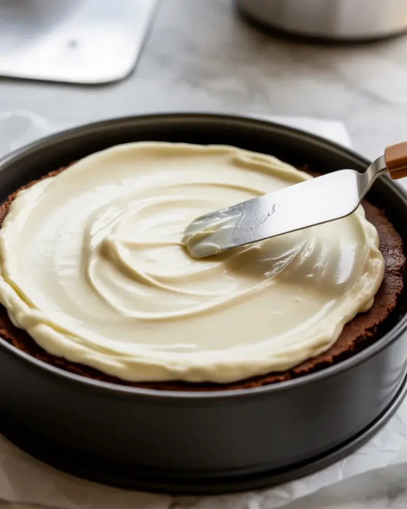 Spreading the silky cream cheese layer evenly over the chilled chocolate crust
