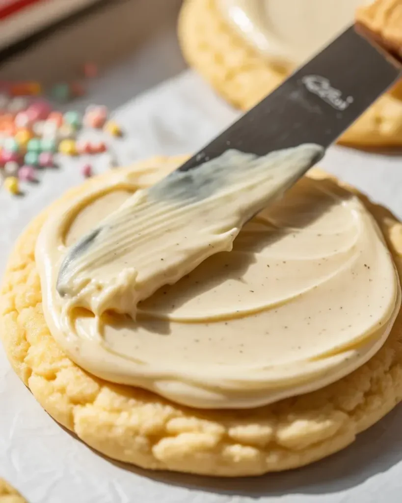  Spreading thick vanilla bean frosting on cooled cookies with sprinkles ready