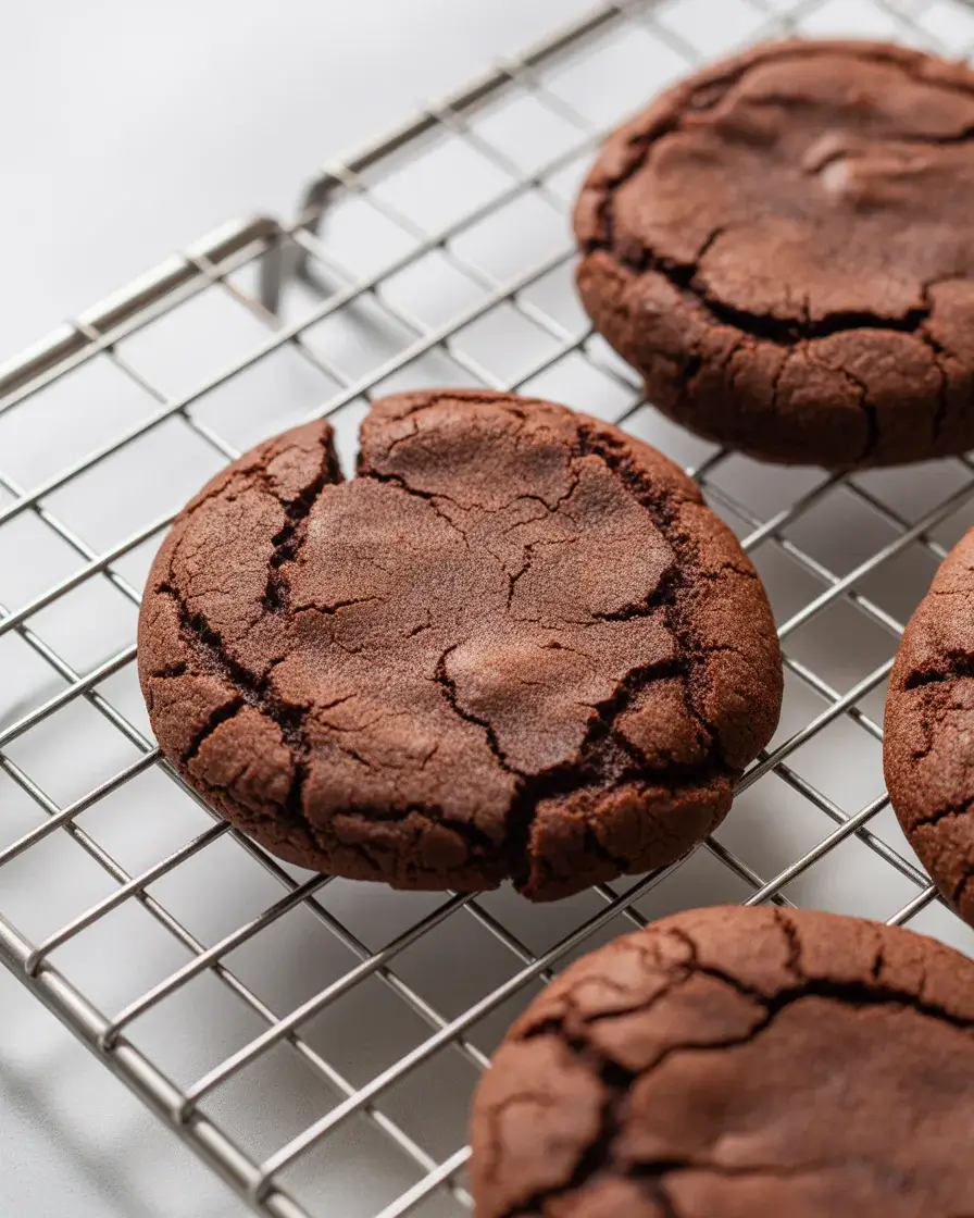 Crispy squeaky cocoa cookies stacked and snapped to show deep chocolate crunch inside