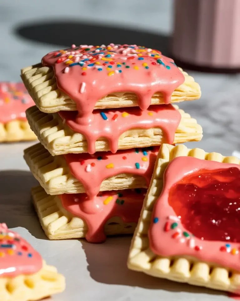 Strawberry Pop Tart cookies stacked with pink glaze, sprinkles, and jammy filling revealed inside