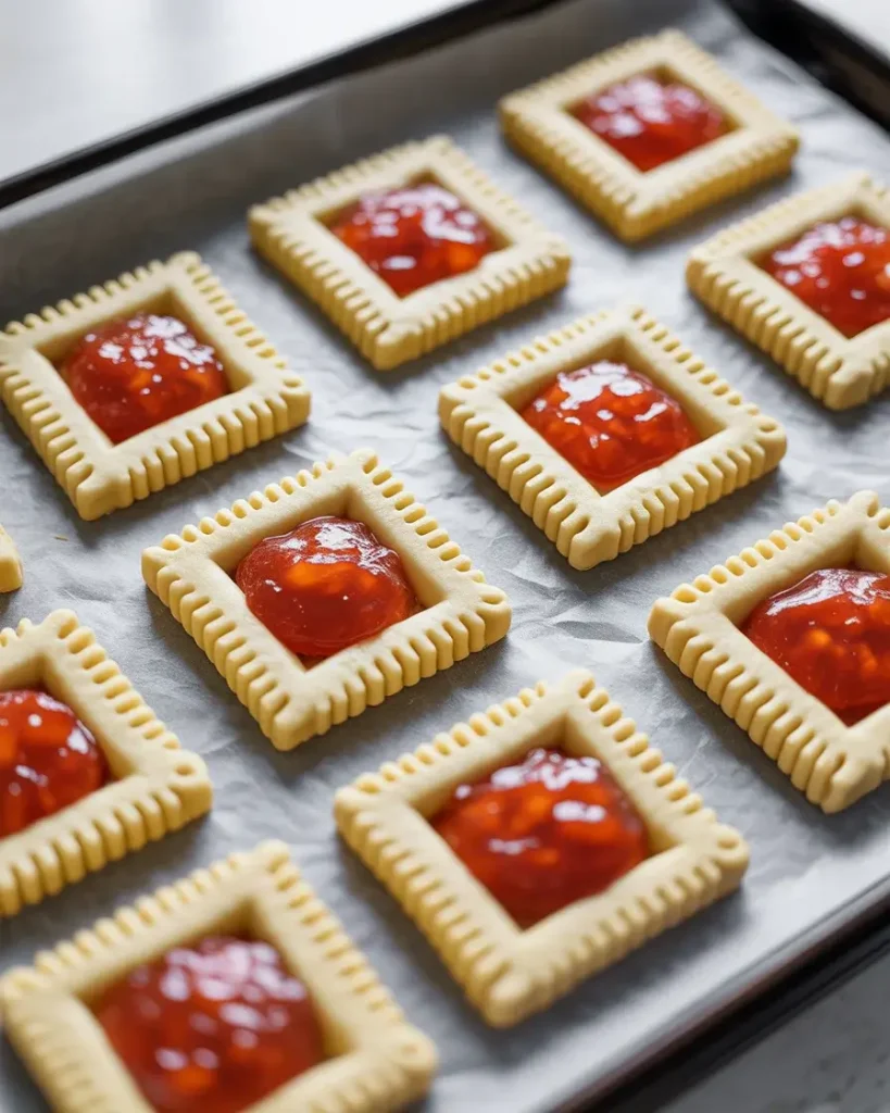 Strawberry jam centered on dough with fork-crimped edges to seal filling inside