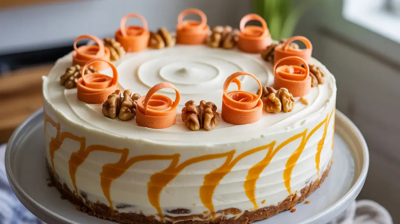 Stunning carrot cheesecake fusion topped with cream cheese frosting, walnuts, and candied carrot curls