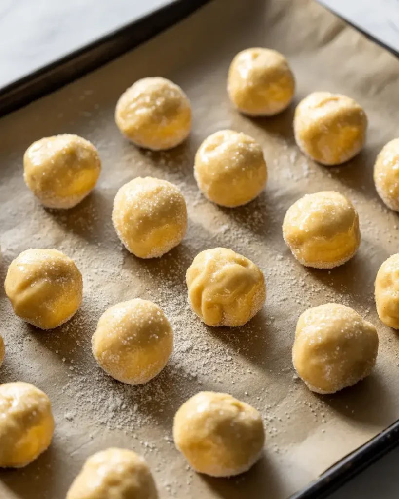 Sugar-rolled dough balls spaced evenly on parchment before baking at 375°F