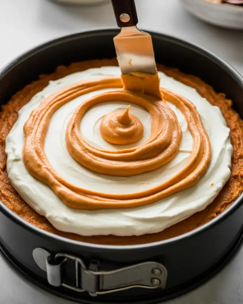Swirling carrot batter and cream cheese layers for a beautiful marble pattern