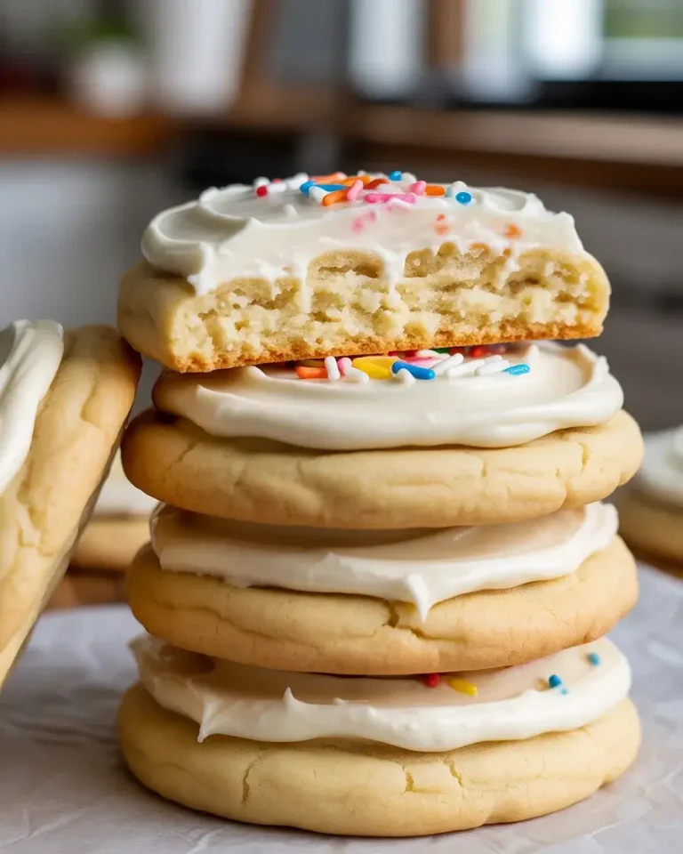 Thick and soft Amish vanilla bean sugar cookies topped with creamy frosting and colorful sprinkles